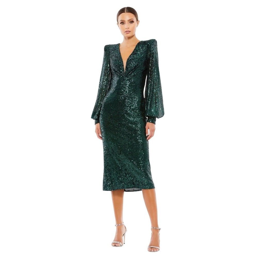 Mac Duggal 26866 Emerald Green‎ Sequin Long Sleeve Plunge Midi Dress Size 4 $398